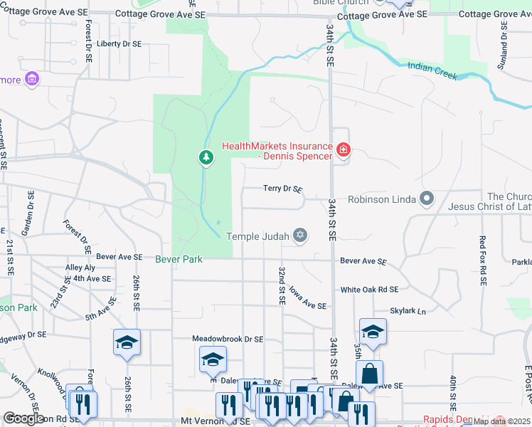 map of restaurants, bars, coffee shops, grocery stores, and more near 3024 Ridgemore Drive Southeast in Cedar Rapids