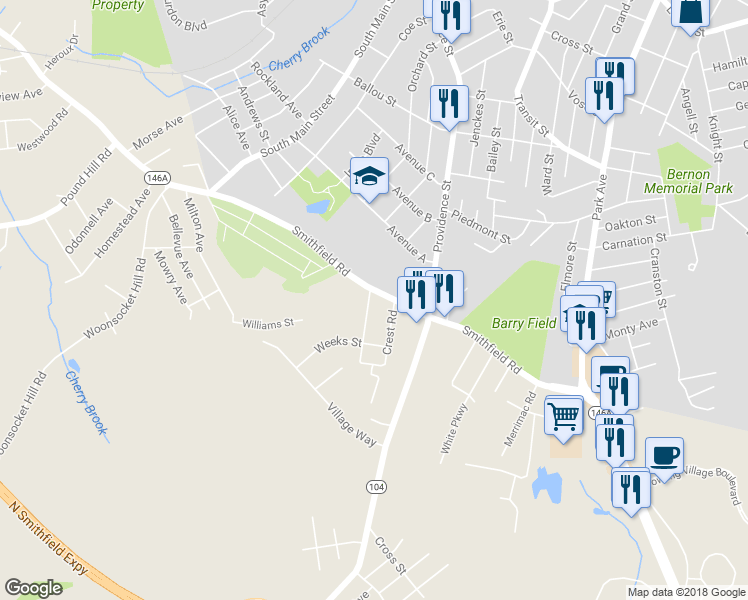 map of restaurants, bars, coffee shops, grocery stores, and more near 441 Smithfield Road in North Smithfield