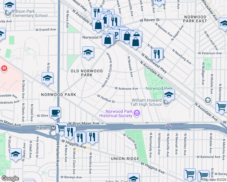map of restaurants, bars, coffee shops, grocery stores, and more near 6845 West Ardmore Avenue in Chicago