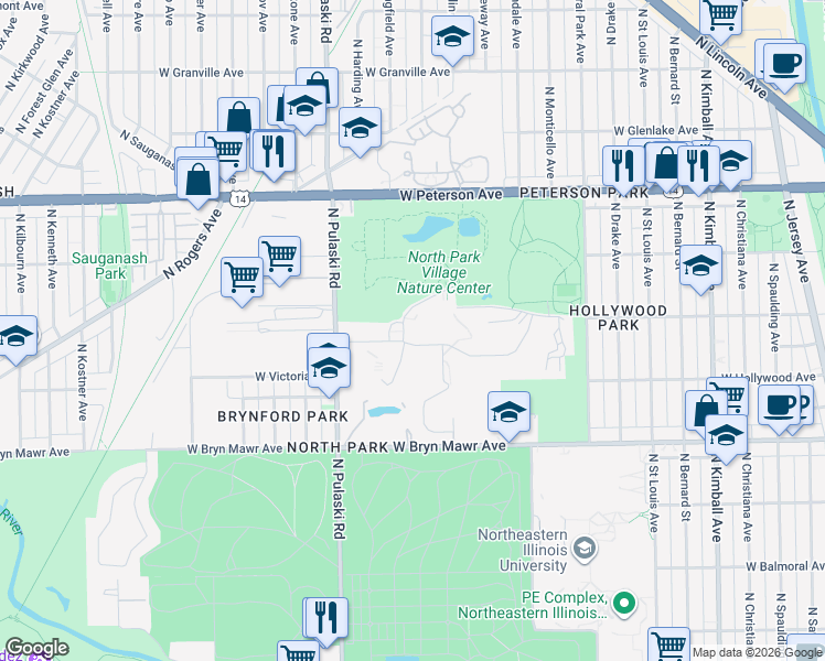 map of restaurants, bars, coffee shops, grocery stores, and more near 5801 North Pulaski Road in Chicago