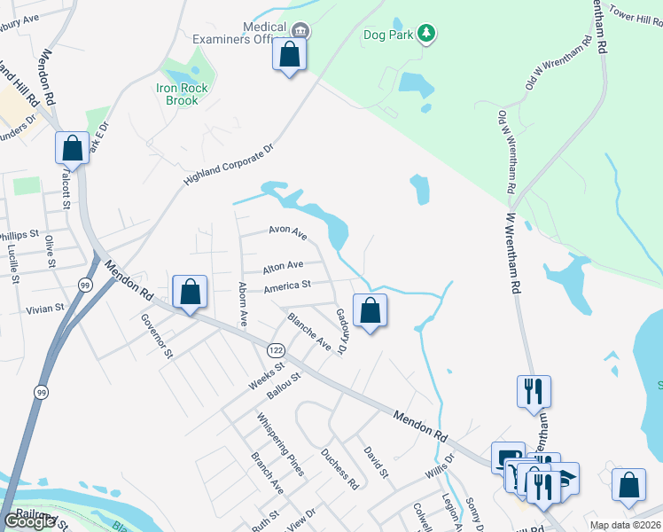 map of restaurants, bars, coffee shops, grocery stores, and more near 13 Louise Avenue in Cumberland