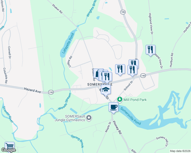 map of restaurants, bars, coffee shops, grocery stores, and more near 15 Shaker Road in Somers