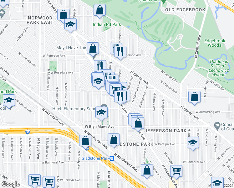 map of restaurants, bars, coffee shops, grocery stores, and more near 5757 North Milwaukee Avenue in Chicago