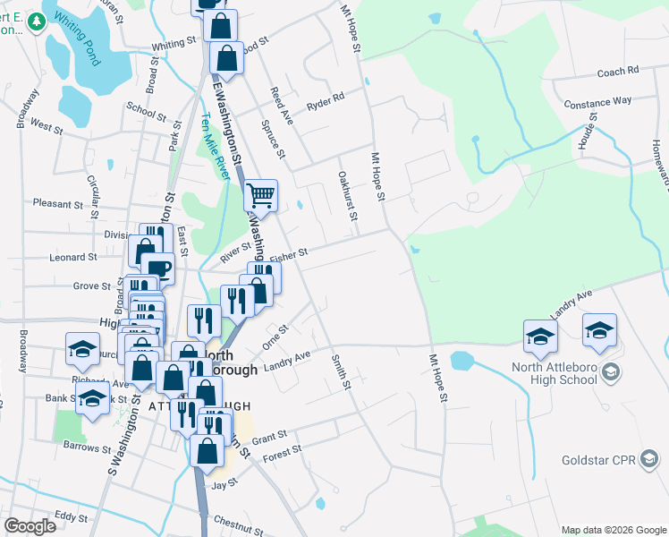 map of restaurants, bars, coffee shops, grocery stores, and more near 32 Columbia Street in North Attleborough