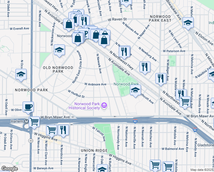 map of restaurants, bars, coffee shops, grocery stores, and more near 5800 North Natoma Avenue in Chicago