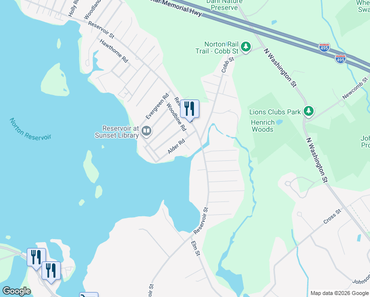 map of restaurants, bars, coffee shops, grocery stores, and more near 14 Falls Road in Norton