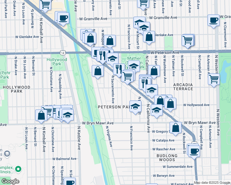 map of restaurants, bars, coffee shops, grocery stores, and more near 29 West Ardmore Avenue in Chicago