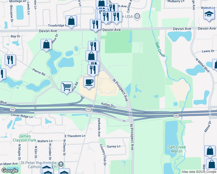 map of restaurants, bars, coffee shops, grocery stores, and more near 1133 North Arlington Heights Road in Itasca