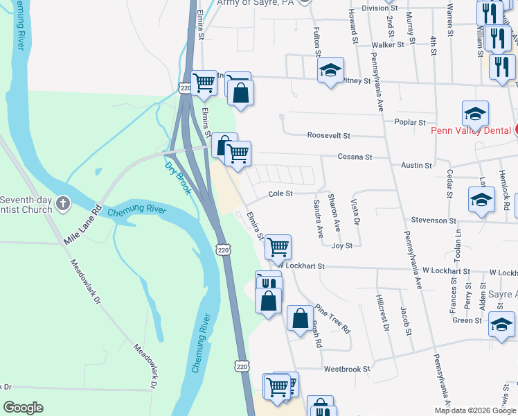 map of restaurants, bars, coffee shops, grocery stores, and more near 12 Cole Street in Sayre