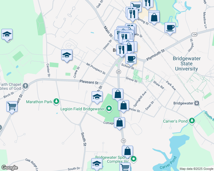 map of restaurants, bars, coffee shops, grocery stores, and more near 104 South Street in Bridgewater