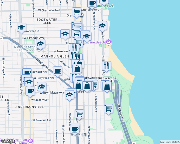 map of restaurants, bars, coffee shops, grocery stores, and more near 5732 North Kenmore Avenue in Chicago