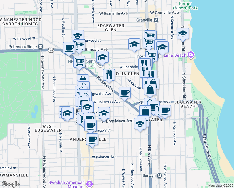 map of restaurants, bars, coffee shops, grocery stores, and more near 5745 North Ridge Avenue in Chicago