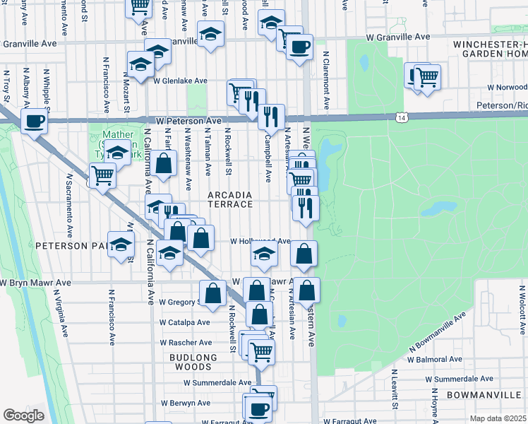 map of restaurants, bars, coffee shops, grocery stores, and more near 5753 North Maplewood Avenue in Chicago