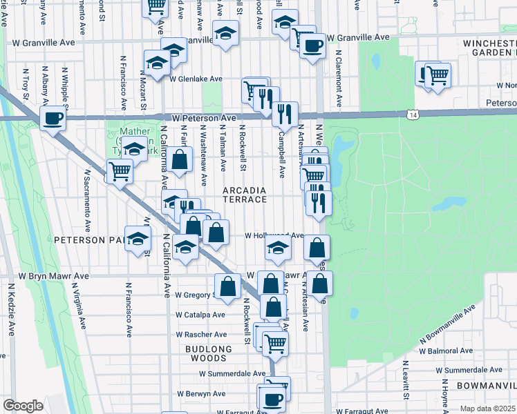 map of restaurants, bars, coffee shops, grocery stores, and more near 5753 North Maplewood Avenue in Chicago