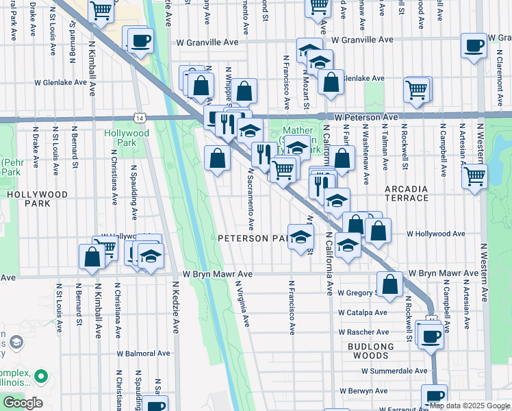 map of restaurants, bars, coffee shops, grocery stores, and more near 29 West Ardmore Avenue in Chicago