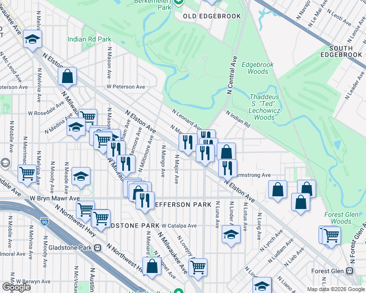 map of restaurants, bars, coffee shops, grocery stores, and more near 5732 North Manton Avenue in Chicago