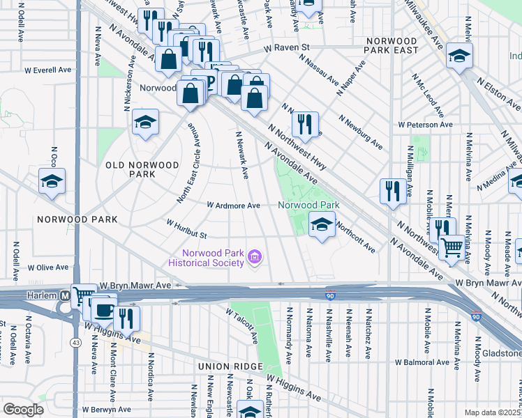 map of restaurants, bars, coffee shops, grocery stores, and more near 5800 North Natoma Avenue in Chicago