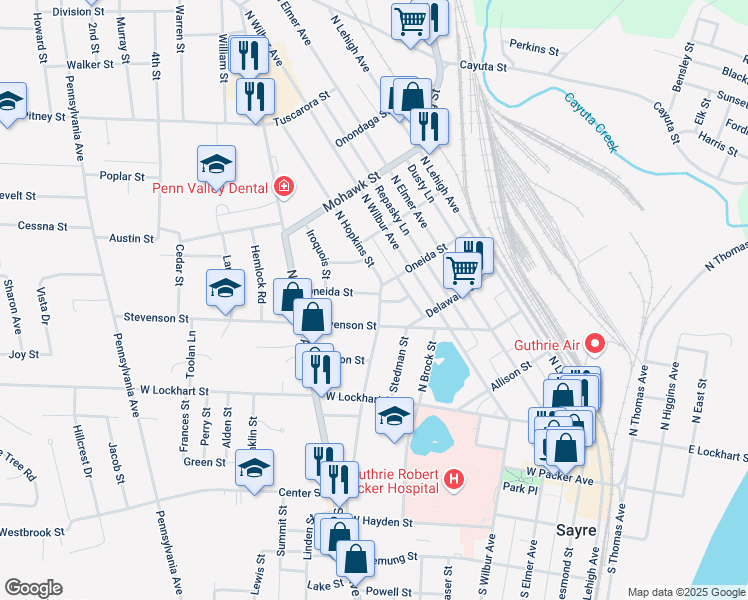 map of restaurants, bars, coffee shops, grocery stores, and more near 401 Oneida Street in Sayre