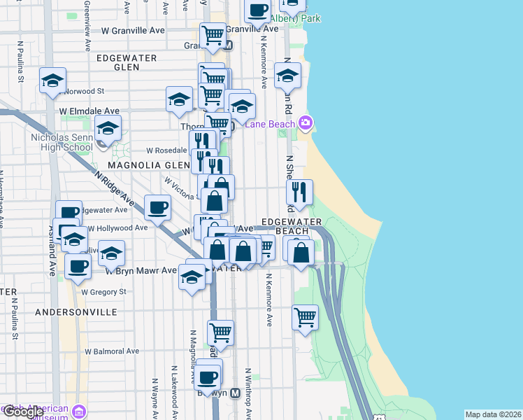map of restaurants, bars, coffee shops, grocery stores, and more near 5726 North Kenmore Avenue in Chicago