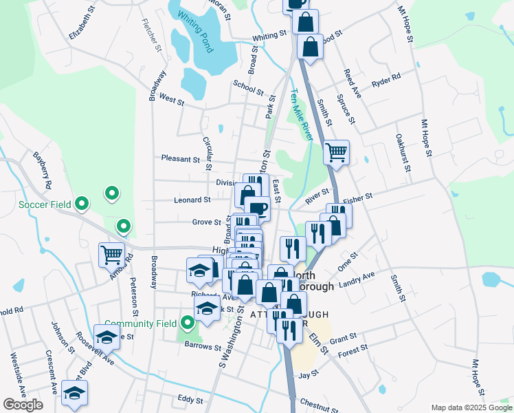 map of restaurants, bars, coffee shops, grocery stores, and more near 4 Fisher Street in North Attleborough