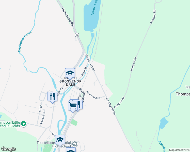 map of restaurants, bars, coffee shops, grocery stores, and more near 35 Buckley Hill Road in Thompson