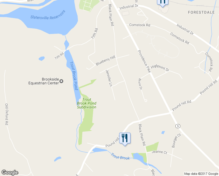 map of restaurants, bars, coffee shops, grocery stores, and more near 19 Jennifer Lane in North Smithfield
