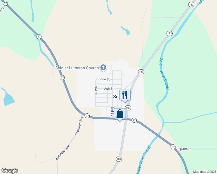 map of restaurants, bars, coffee shops, grocery stores, and more near 213 Ash Street in Soldier