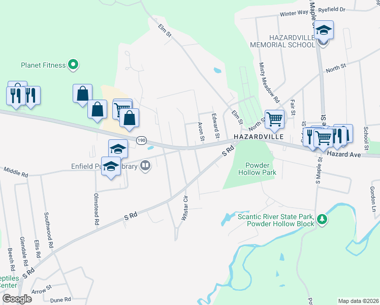 map of restaurants, bars, coffee shops, grocery stores, and more near 196 Hazard Avenue in Enfield