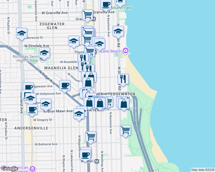 map of restaurants, bars, coffee shops, grocery stores, and more near 5726 North Kenmore Avenue in Chicago