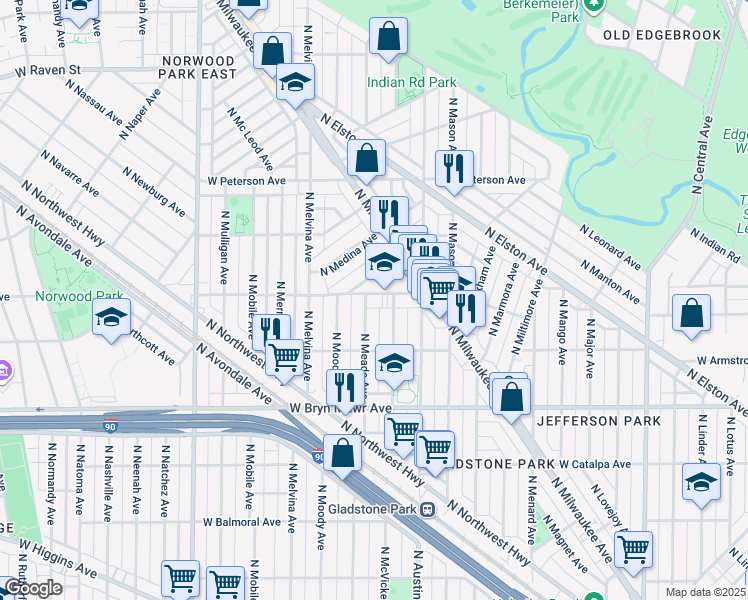 map of restaurants, bars, coffee shops, grocery stores, and more near 6053 West Ardmore Avenue in Chicago