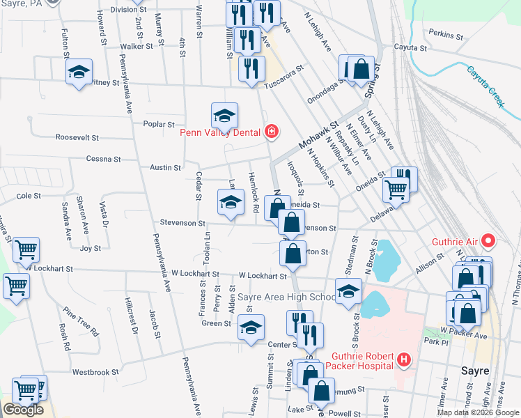 map of restaurants, bars, coffee shops, grocery stores, and more near 608 Stevenson Street in Sayre