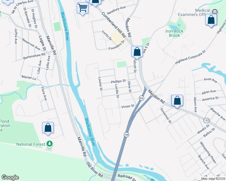 map of restaurants, bars, coffee shops, grocery stores, and more near 204 Burrington Street in Woonsocket