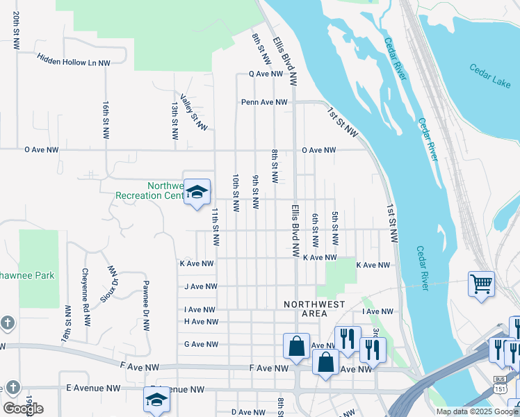 map of restaurants, bars, coffee shops, grocery stores, and more near 1335 9th Street Northwest in Cedar Rapids