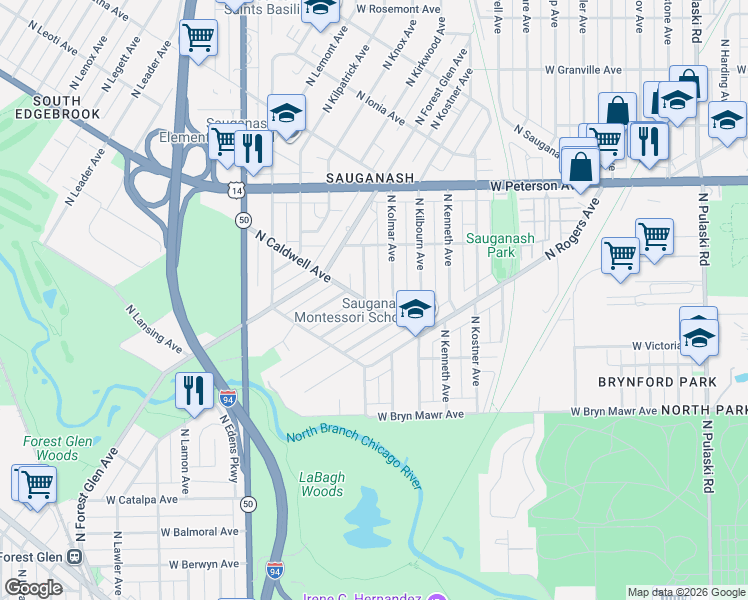 map of restaurants, bars, coffee shops, grocery stores, and more near 5826 North Kolmar Avenue in Chicago