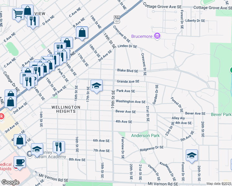 map of restaurants, bars, coffee shops, grocery stores, and more near 1905 Park Avenue Southeast in Cedar Rapids