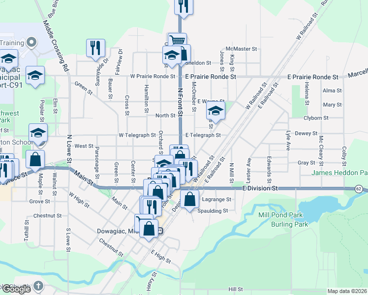 map of restaurants, bars, coffee shops, grocery stores, and more near 309 North Front Street in Dowagiac
