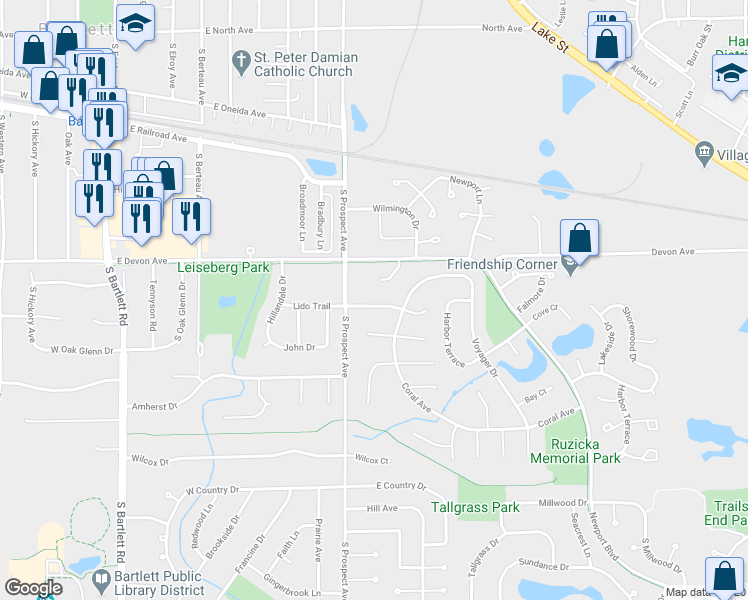 map of restaurants, bars, coffee shops, grocery stores, and more near 622 Lido Terrace West in Bartlett
