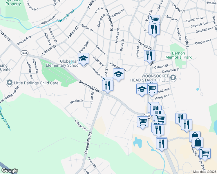 map of restaurants, bars, coffee shops, grocery stores, and more near 33 Fabien Street in Woonsocket