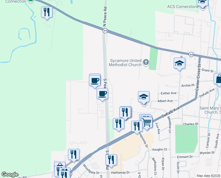 map of restaurants, bars, coffee shops, grocery stores, and more near 412 South Peace Road in Sycamore
