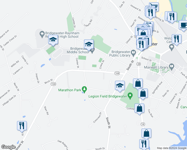 map of restaurants, bars, coffee shops, grocery stores, and more near 150 Pleasant Street in Bridgewater