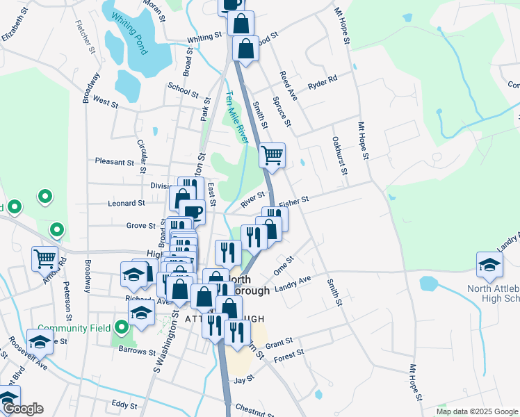 map of restaurants, bars, coffee shops, grocery stores, and more near 31 River Street in North Attleborough