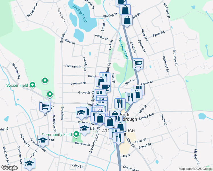 map of restaurants, bars, coffee shops, grocery stores, and more near 167 North Washington Street in North Attleborough