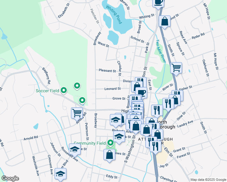 map of restaurants, bars, coffee shops, grocery stores, and more near 50 Leonard Street in North Attleborough