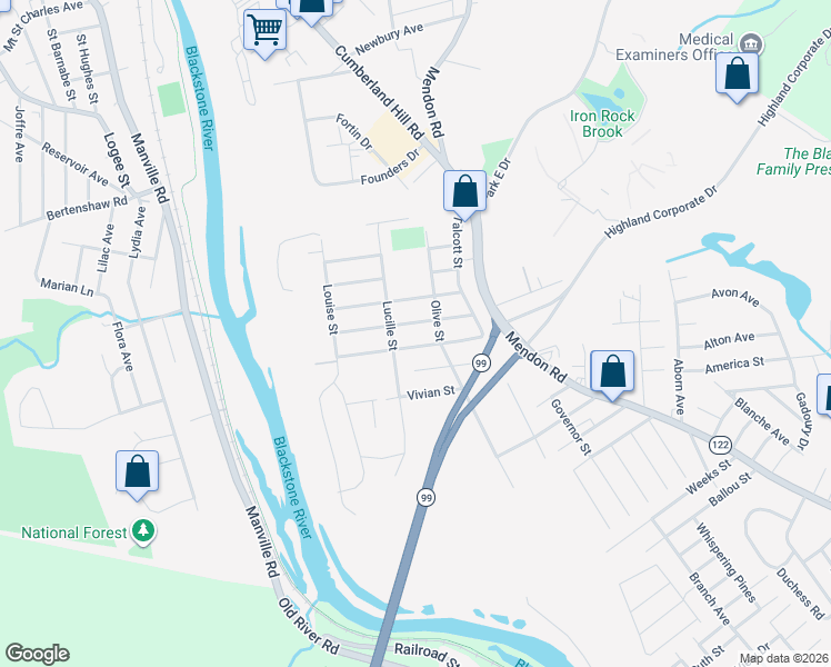 map of restaurants, bars, coffee shops, grocery stores, and more near 110 Burrington Street in Woonsocket