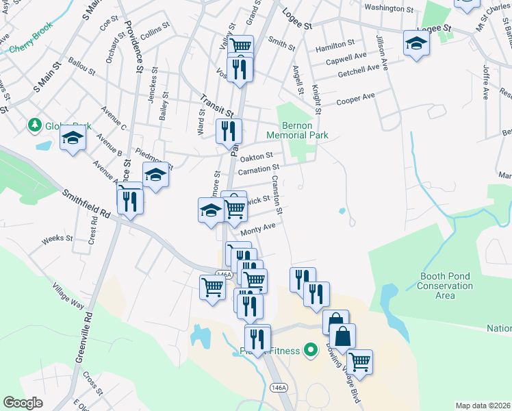 map of restaurants, bars, coffee shops, grocery stores, and more near 91 Warwick Street in Woonsocket