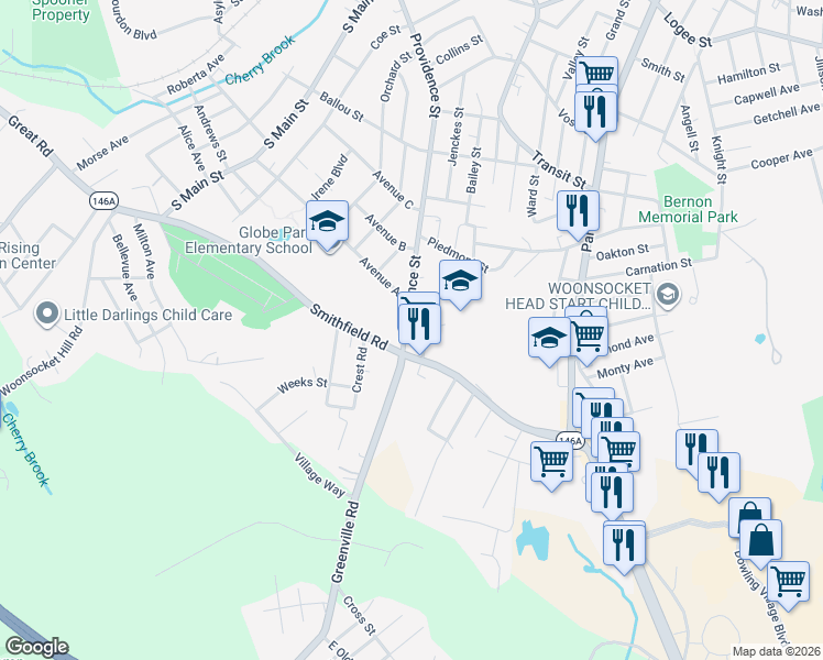 map of restaurants, bars, coffee shops, grocery stores, and more near 33 Fabien Street in Woonsocket