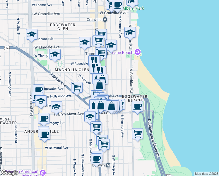 map of restaurants, bars, coffee shops, grocery stores, and more near 5730 North Winthrop Avenue in Chicago