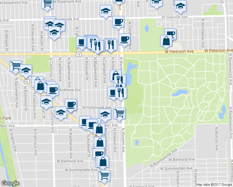 map of restaurants, bars, coffee shops, grocery stores, and more near 2405 West Ardmore Avenue in Chicago