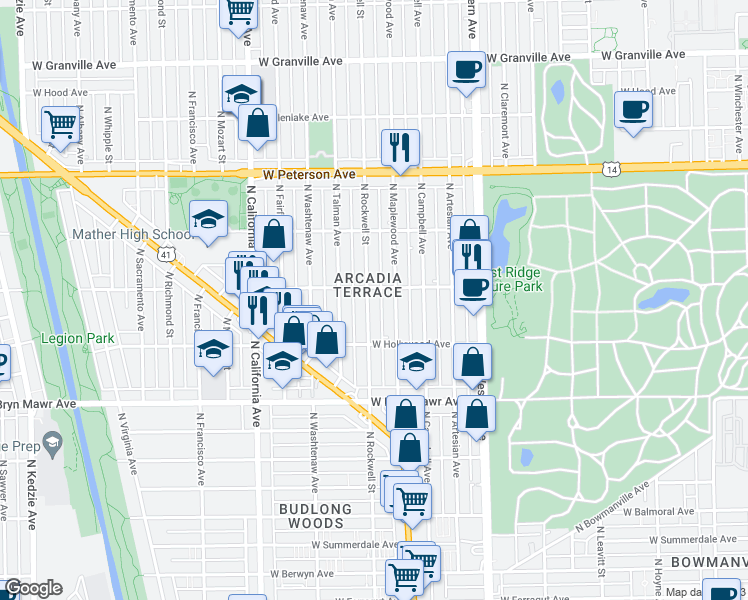 map of restaurants, bars, coffee shops, grocery stores, and more near in Chicago