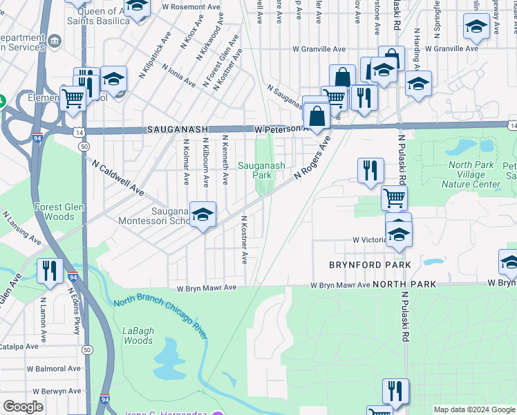 map of restaurants, bars, coffee shops, grocery stores, and more near 5808 North Rogers Avenue in Chicago